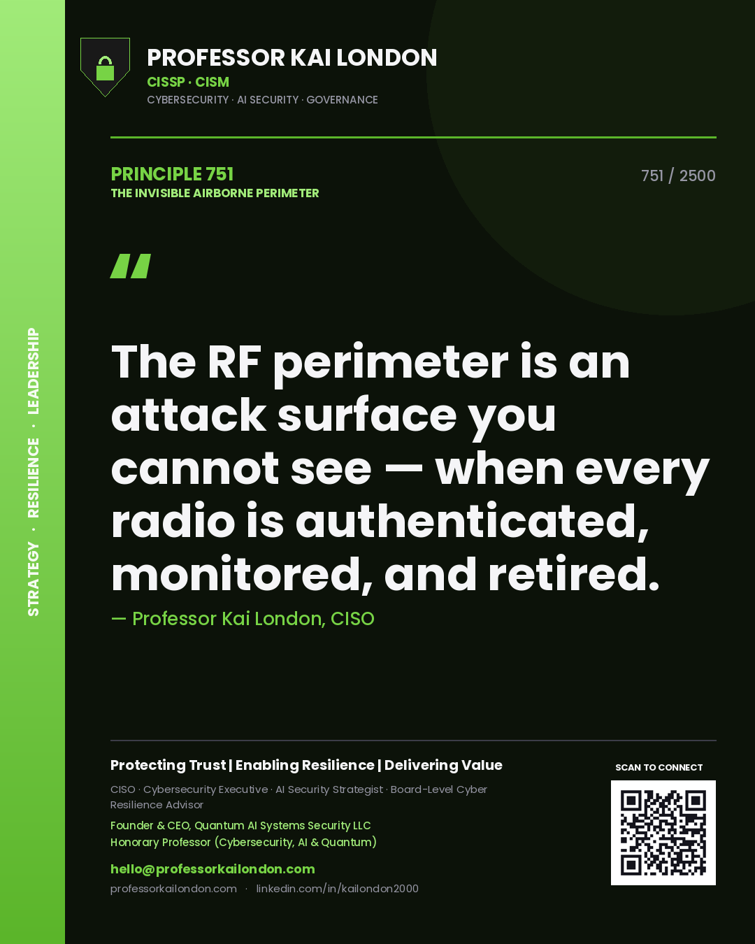 Professor Kai London principle 751: The RF perimeter is an attack surface you cannot see — when every radio is authenticated, monitored, and retired.
