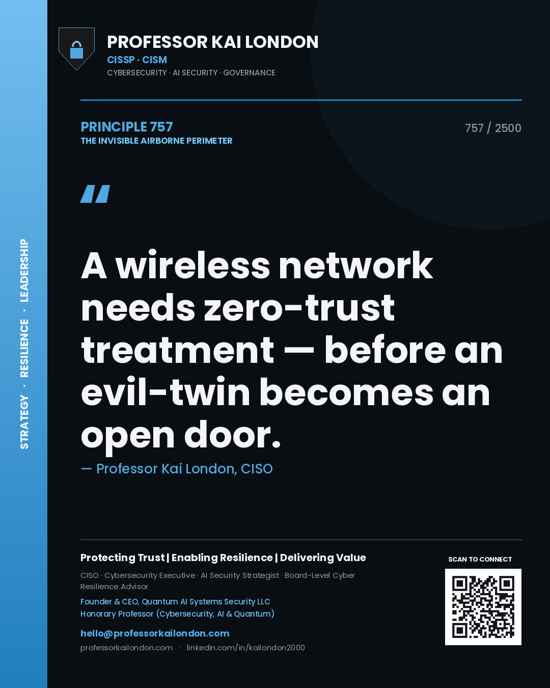 Quote card by Professor Kai London reading 'A wireless network needs zero-trust treatment — before an evil-twin becomes an open door.'. From the book The Invisible Airborne Perimeter.