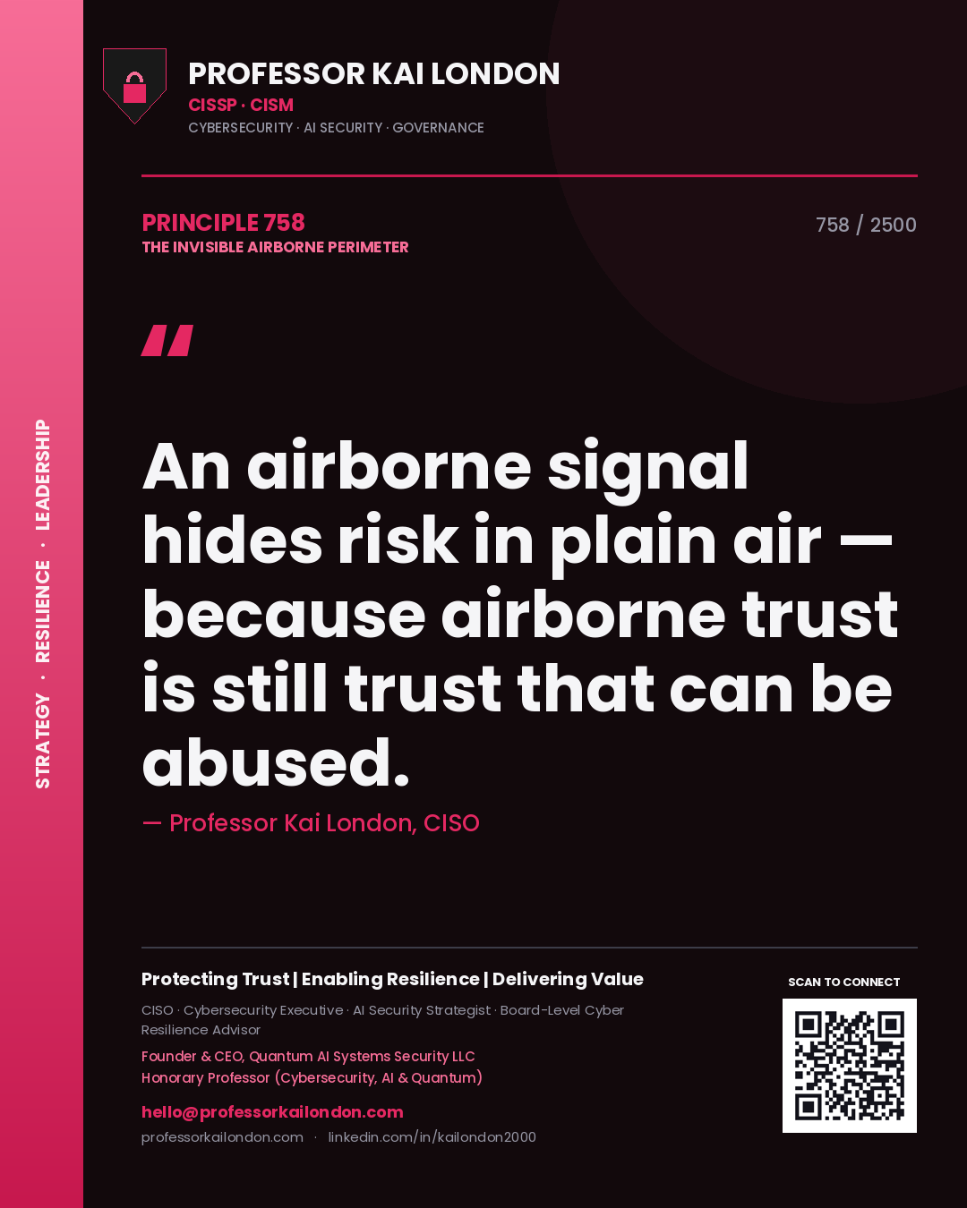 Quote card by Professor Kai London reading 'An airborne signal hides risk in plain air — because airborne trust is still trust that can be abused.'. From the book The Invisible Airborne Perimeter.