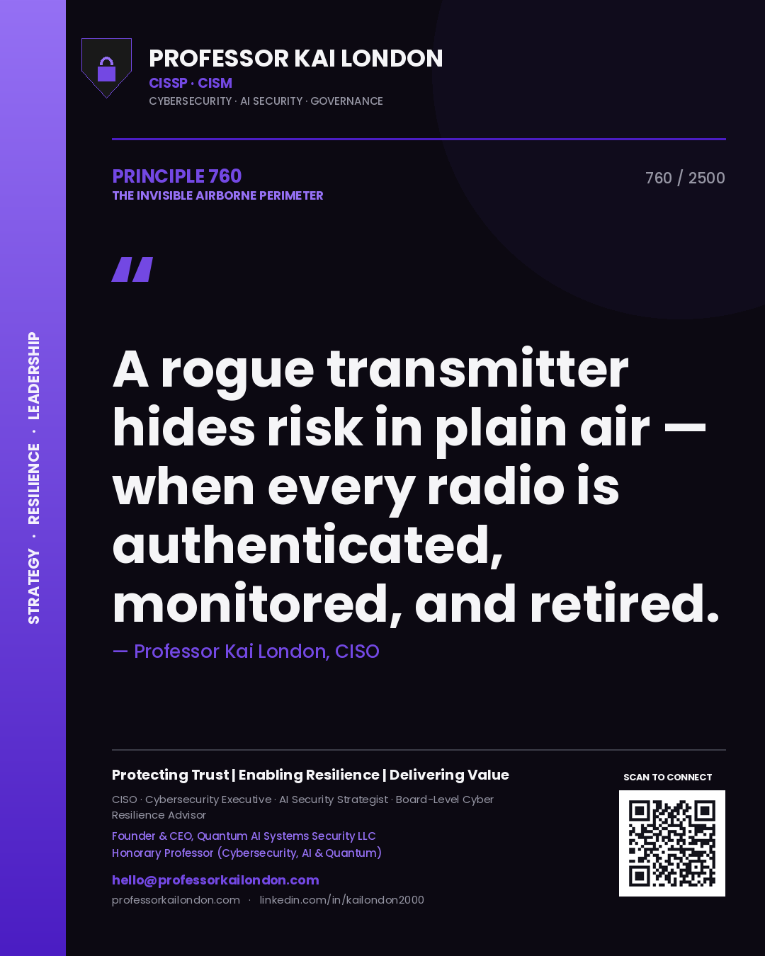 Quote card by Professor Kai London reading 'A rogue transmitter hides risk in plain air — when every radio is authenticated, monitored, and retired.'. From the book The Invisible Airborne Perimeter.