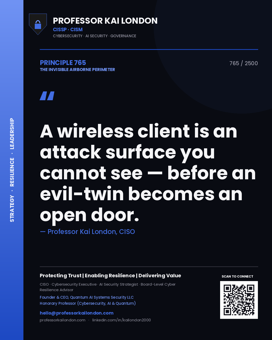 Quote card by Professor Kai London reading 'A wireless client is an attack surface you cannot see — before an evil-twin becomes an open door.'. From the book The Invisible Airborne Perimeter.