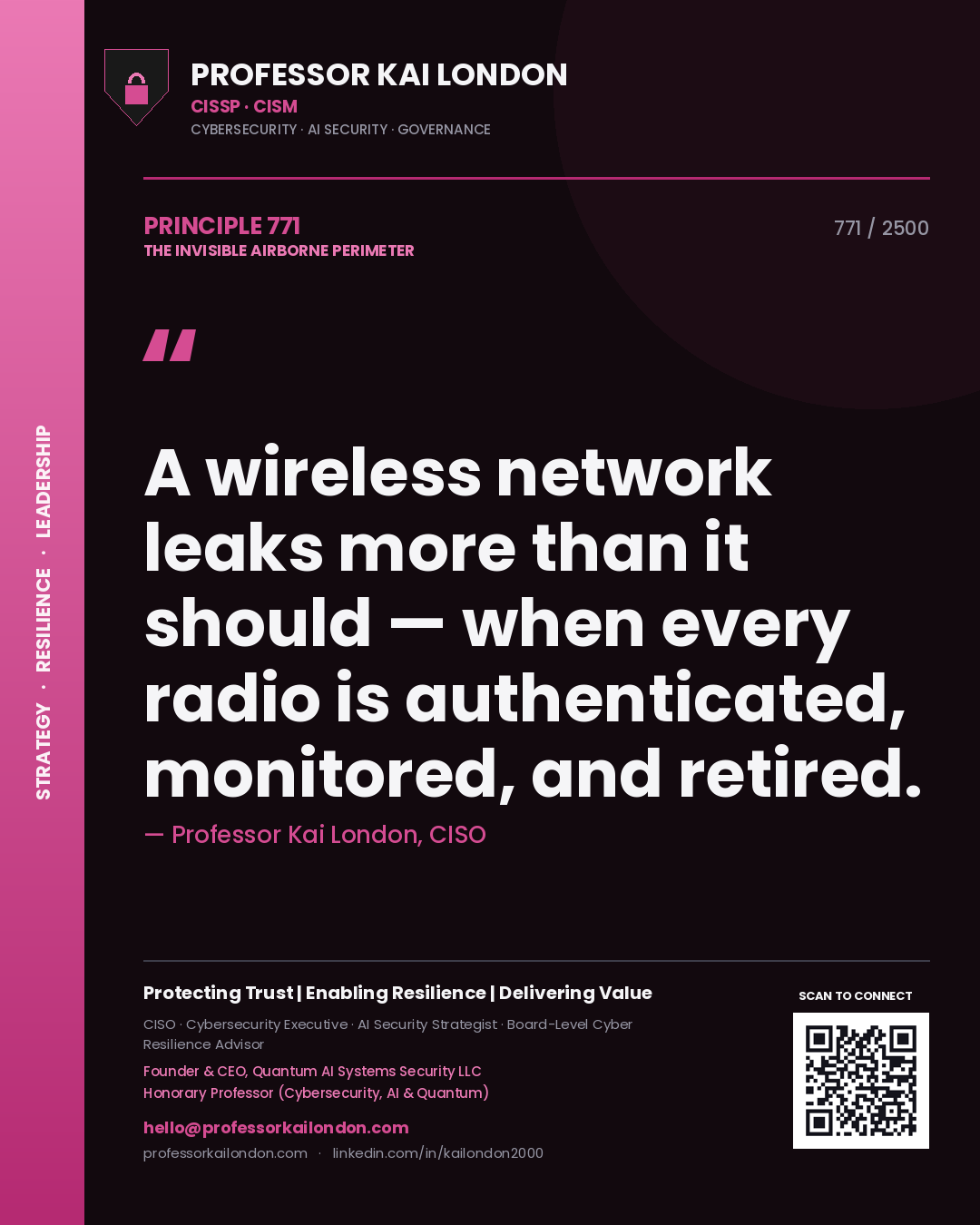 Professor Kai London principle 771: A wireless network leaks more than it should — when every radio is authenticated, monitored, and retired.