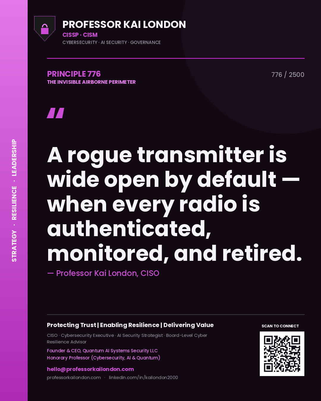 Quote card by Professor Kai London reading 'A rogue transmitter is wide open by default — when every radio is authenticated, monitored, and retired.'. From the book The Invisible Airborne Perimeter.