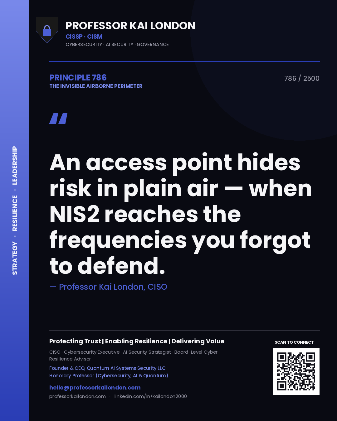 Quote card by Professor Kai London reading 'An access point hides risk in plain air — when NIS2 reaches the frequencies you forgot to defend.'. From the book The Invisible Airborne Perimeter.