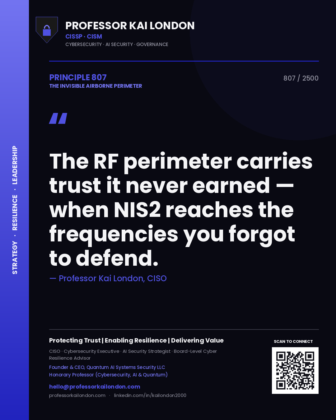 Professor Kai London principle 807: The RF perimeter carries trust it never earned — when NIS2 reaches the frequencies you forgot to defend.
