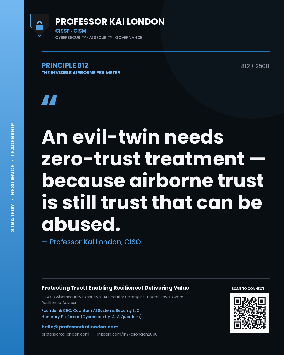 Quote card by Professor Kai London reading 'An evil-twin needs zero-trust treatment — because airborne trust is still trust that can be abused.'. From the book The Invisible Airborne Perimeter.
