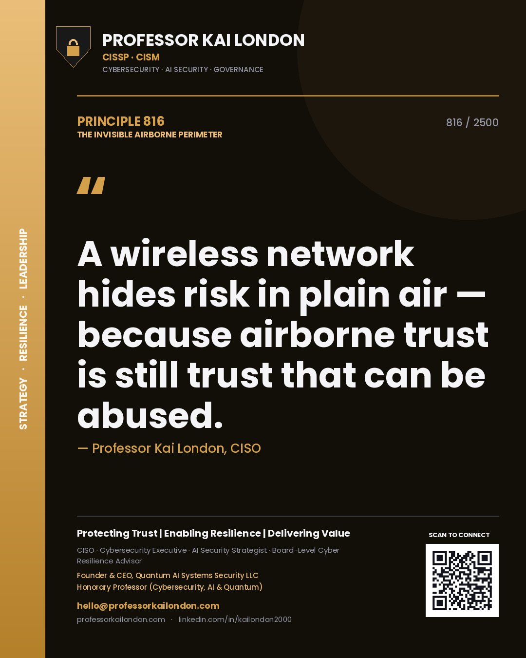 Quote card by Professor Kai London reading 'A wireless network hides risk in plain air — because airborne trust is still trust that can be abused.'. From the book The Invisible Airborne Perimeter.