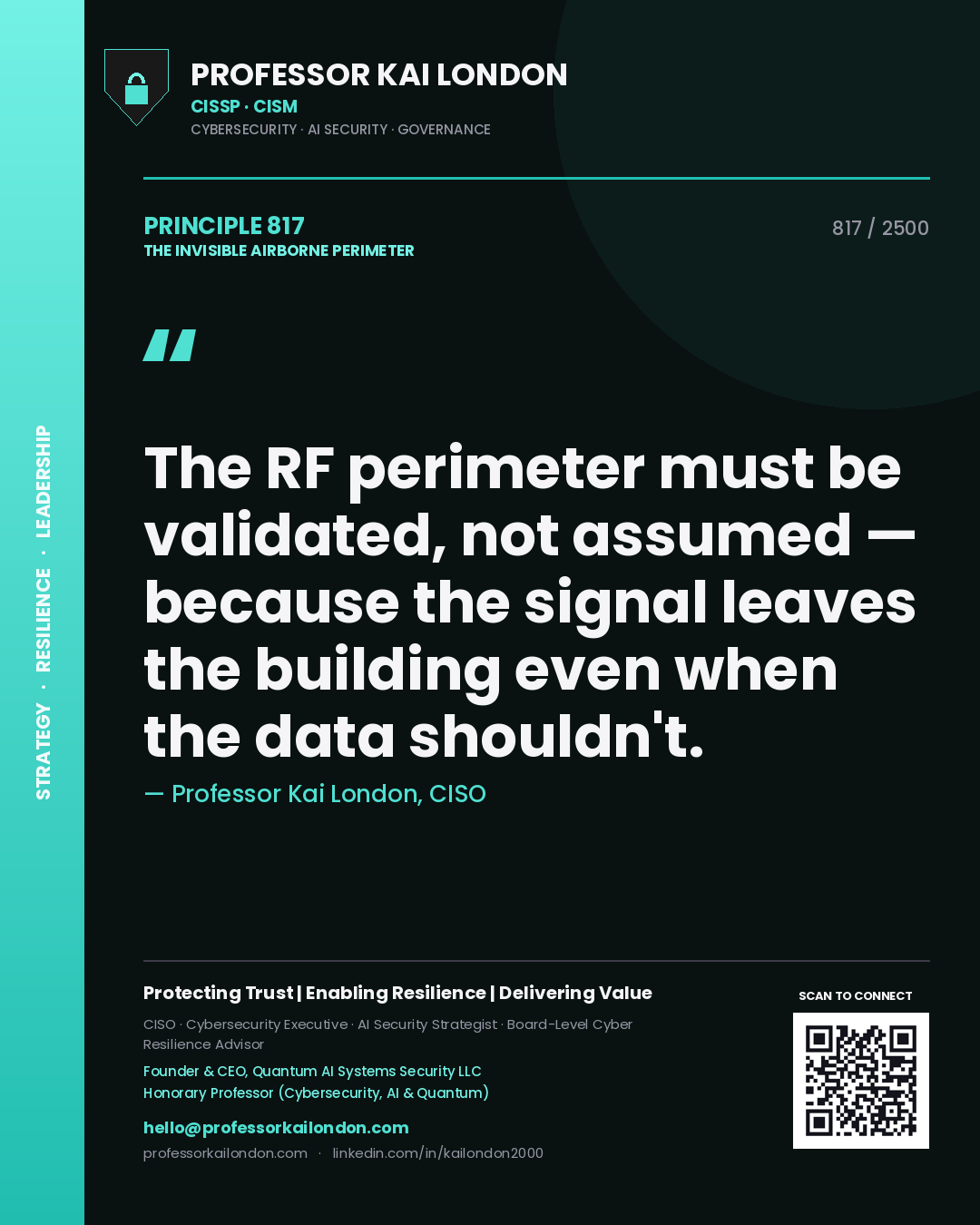 Quote card by Professor Kai London reading 'The RF perimeter must be validated, not assumed — because the signal leaves the building even when the data shouldn't.'. From the book The Invisible Airborne Perimeter.