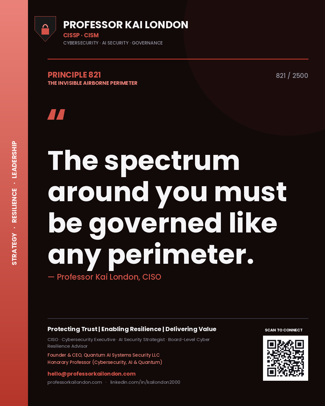 Quote card by Professor Kai London reading 'The spectrum around you must be governed like any perimeter.'. From the book The Invisible Airborne Perimeter.
