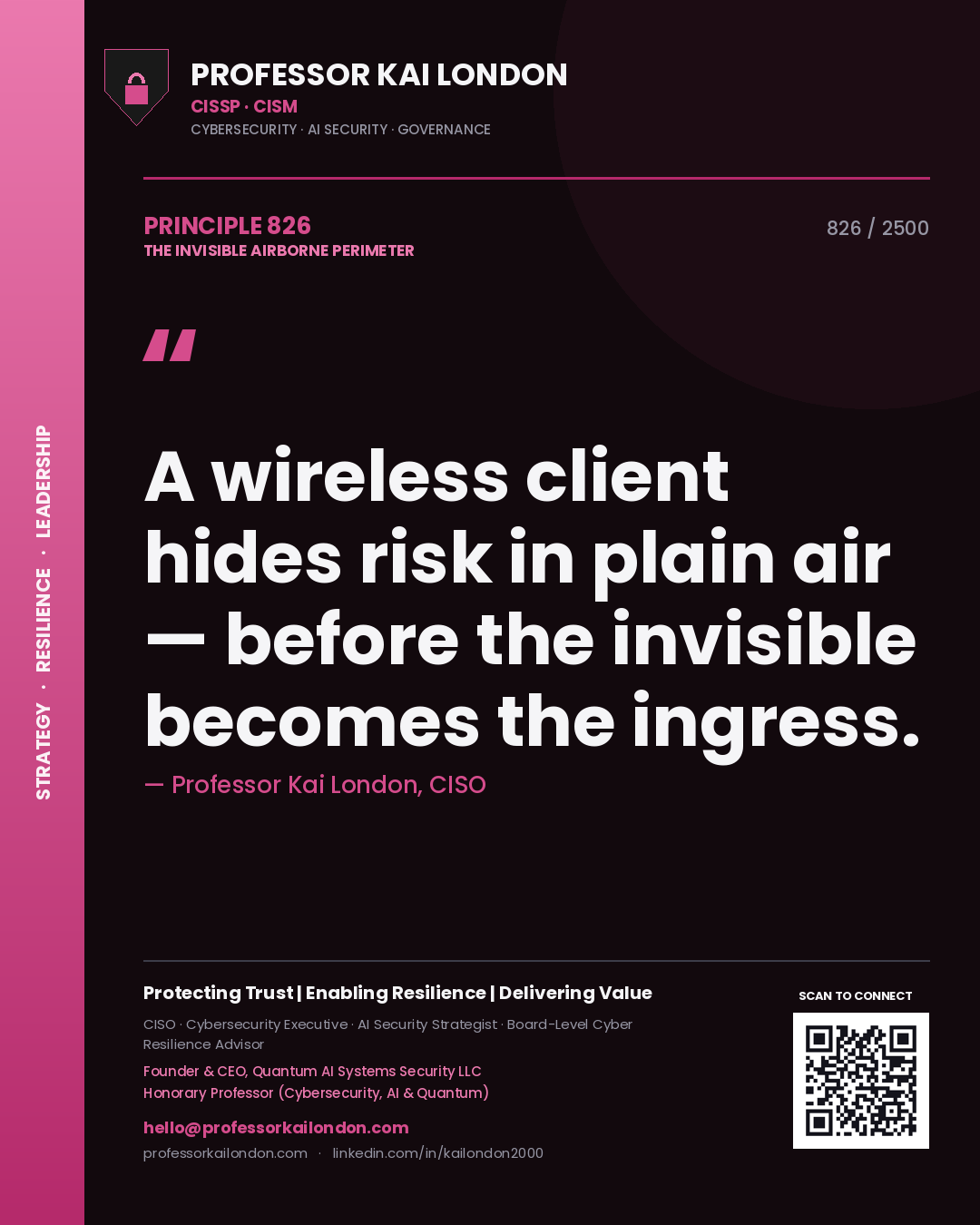 Professor Kai London principle 826: A wireless client hides risk in plain air — before the invisible becomes the ingress.