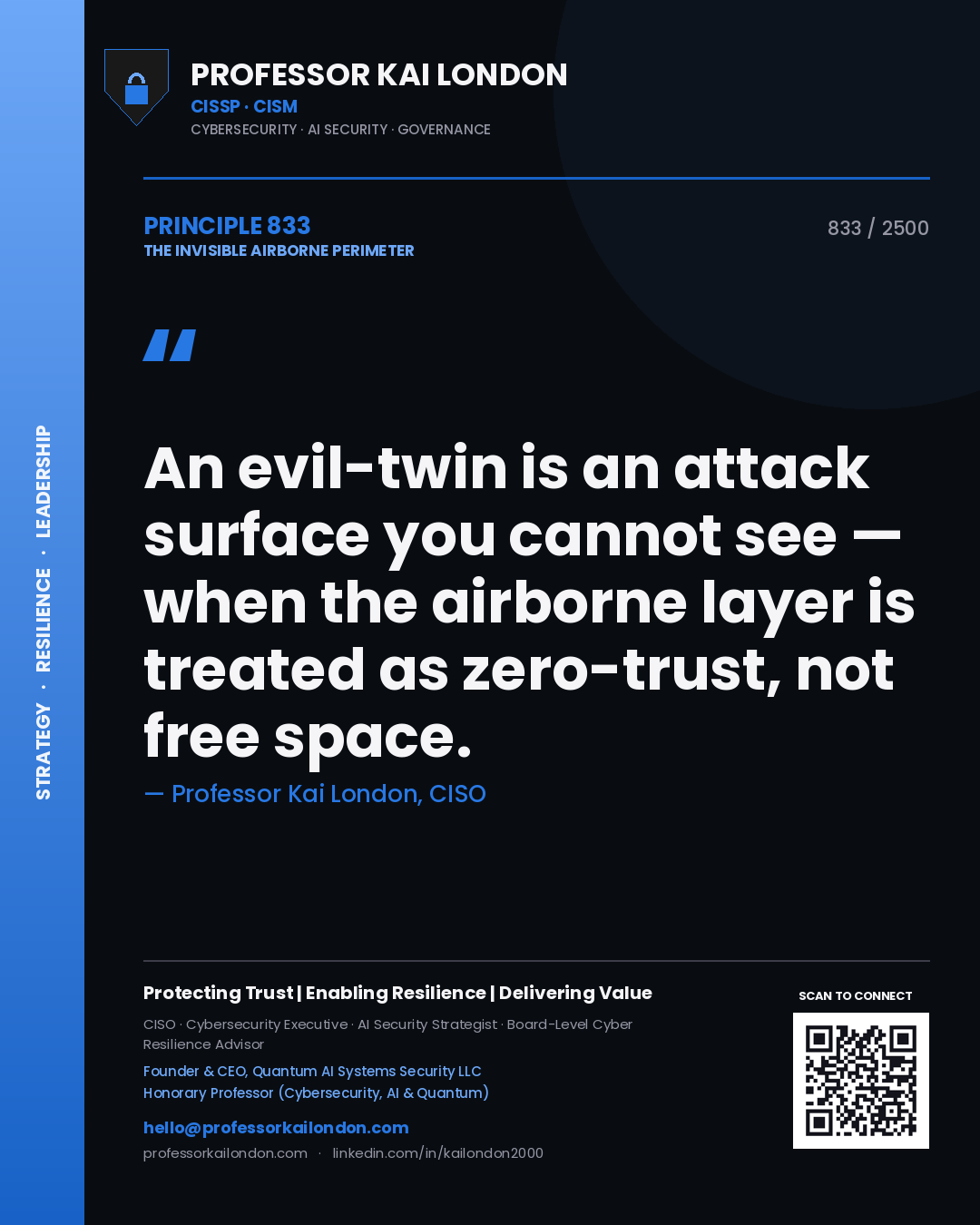 Professor Kai London principle 833: An evil-twin is an attack surface you cannot see — when the airborne layer is treated as zero-trust, not free space.