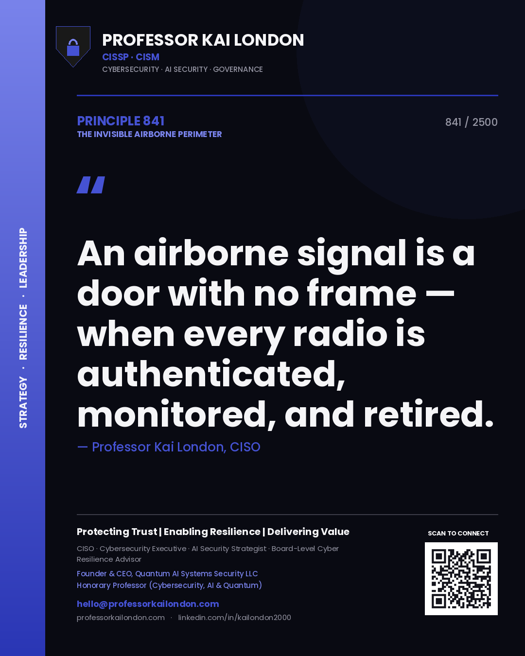 Quote card by Professor Kai London reading 'An airborne signal is a door with no frame — when every radio is authenticated, monitored, and retired.'. From the book The Invisible Airborne Perimeter.