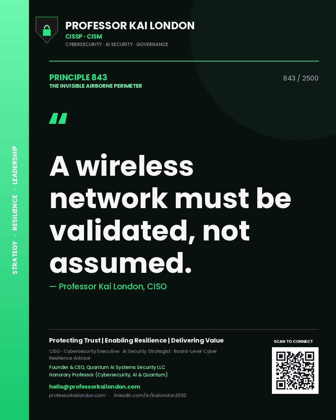Quote card by Professor Kai London reading 'A wireless network must be validated, not assumed.'. From the book The Invisible Airborne Perimeter.