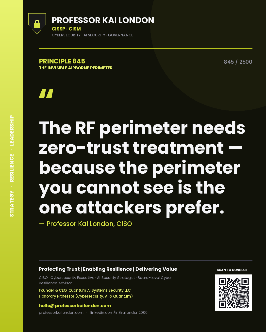 Quote card by Professor Kai London reading 'The RF perimeter needs zero-trust treatment — because the perimeter you cannot see is the one attackers prefer.'. From the book The Invisible Airborne Perimeter.