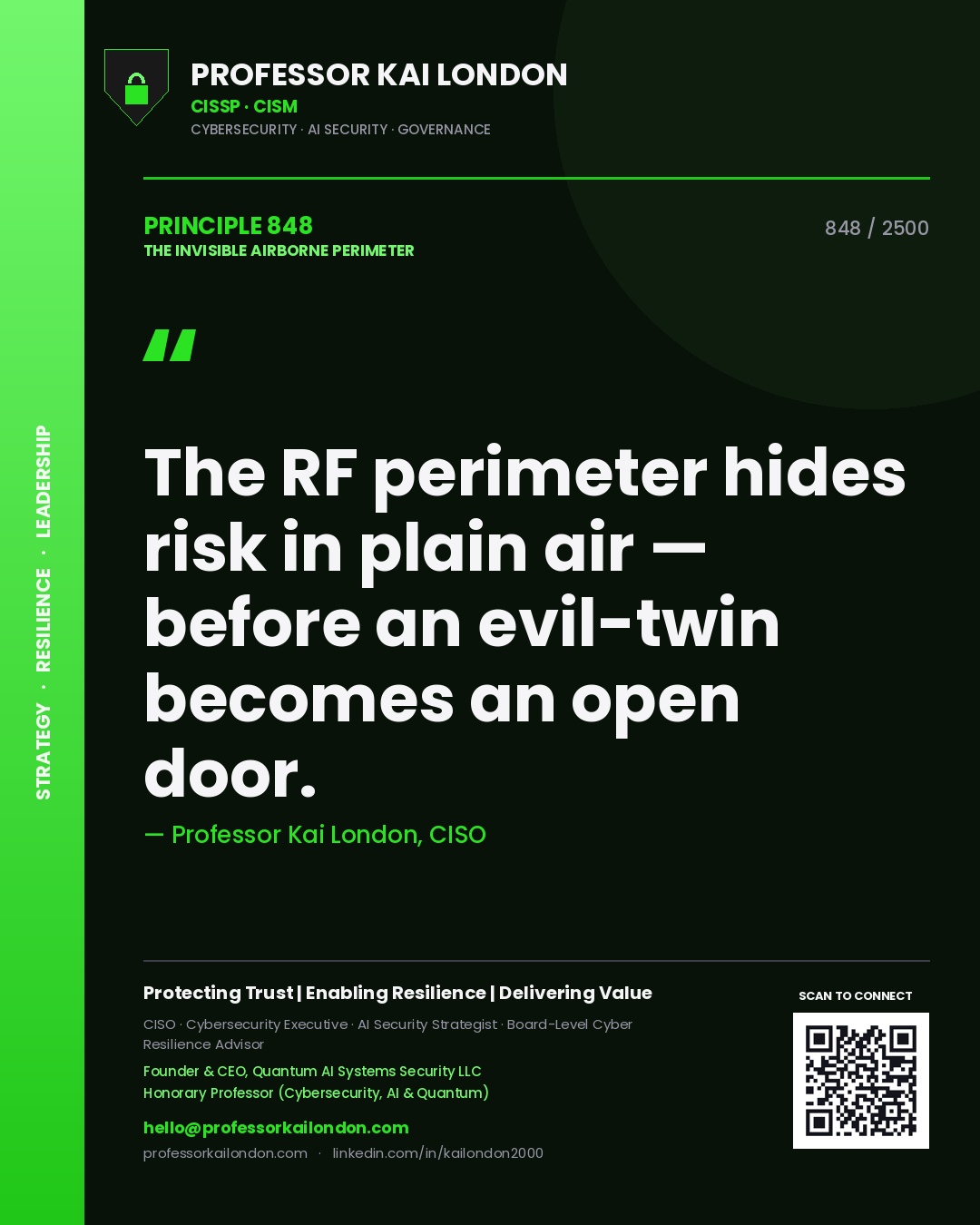 Professor Kai London principle 848: The RF perimeter hides risk in plain air — before an evil-twin becomes an open door.
