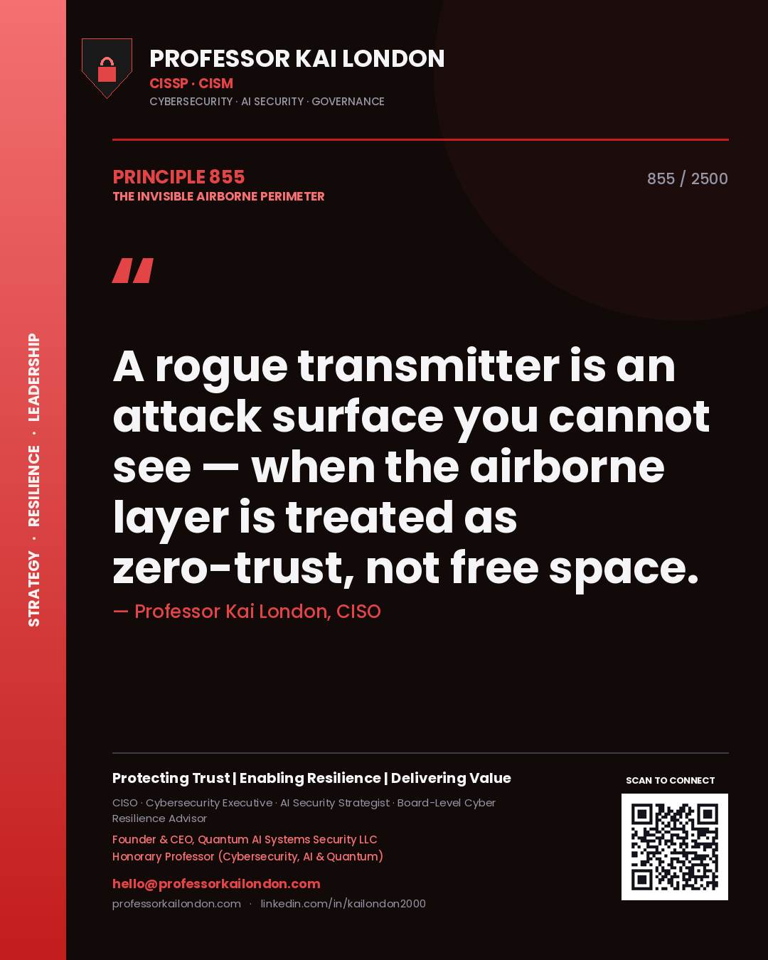 Professor Kai London principle 855: A rogue transmitter is an attack surface you cannot see — when the airborne layer is treated as zero-trust, not free space.