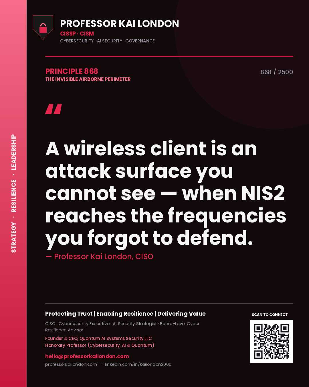 Quote card by Professor Kai London reading 'A wireless client is an attack surface you cannot see — when NIS2 reaches the frequencies you forgot to defend.'. From the book The Invisible Airborne Perimeter.
