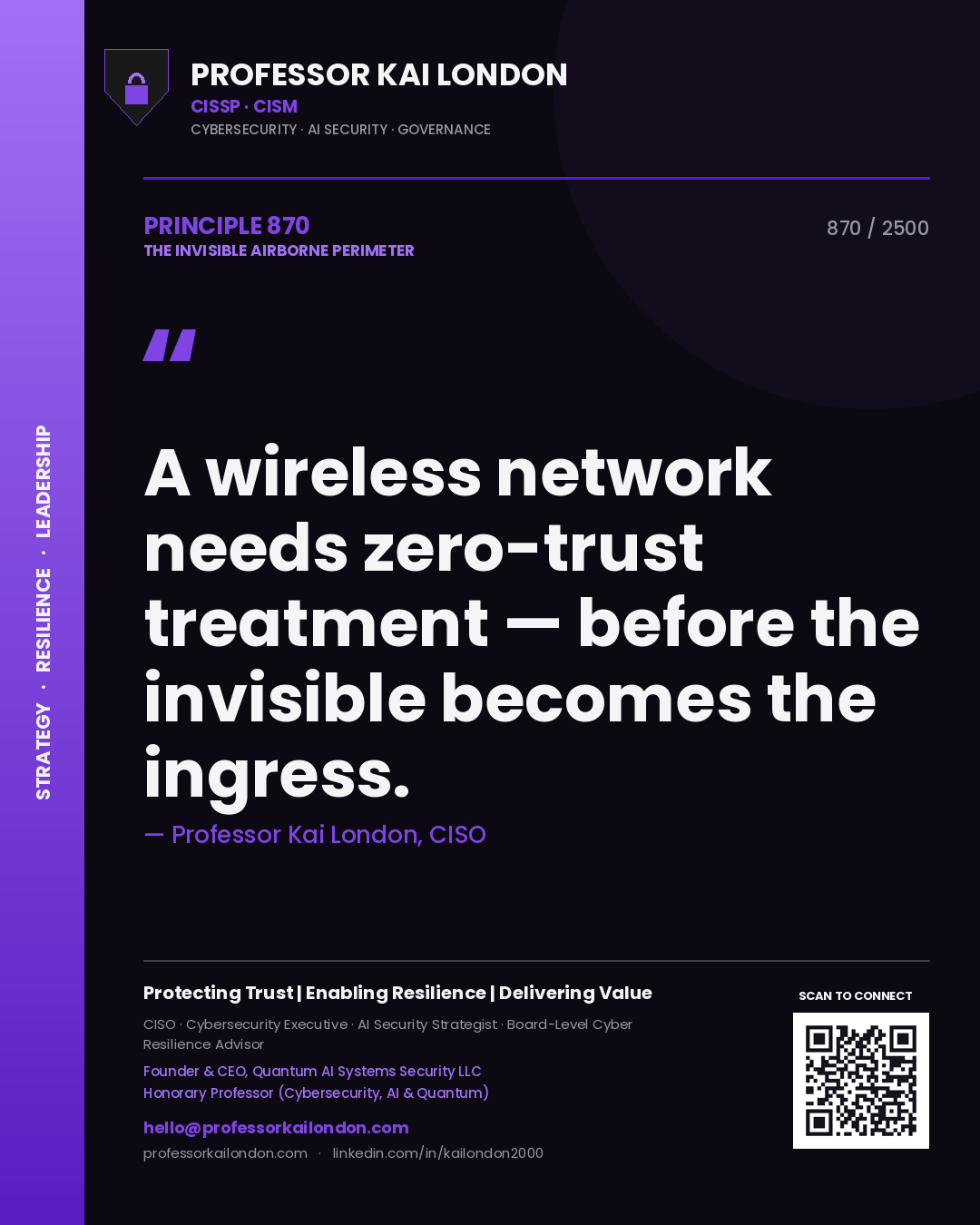 Quote card by Professor Kai London reading 'A wireless network needs zero-trust treatment — before the invisible becomes the ingress.'. From the book The Invisible Airborne Perimeter.