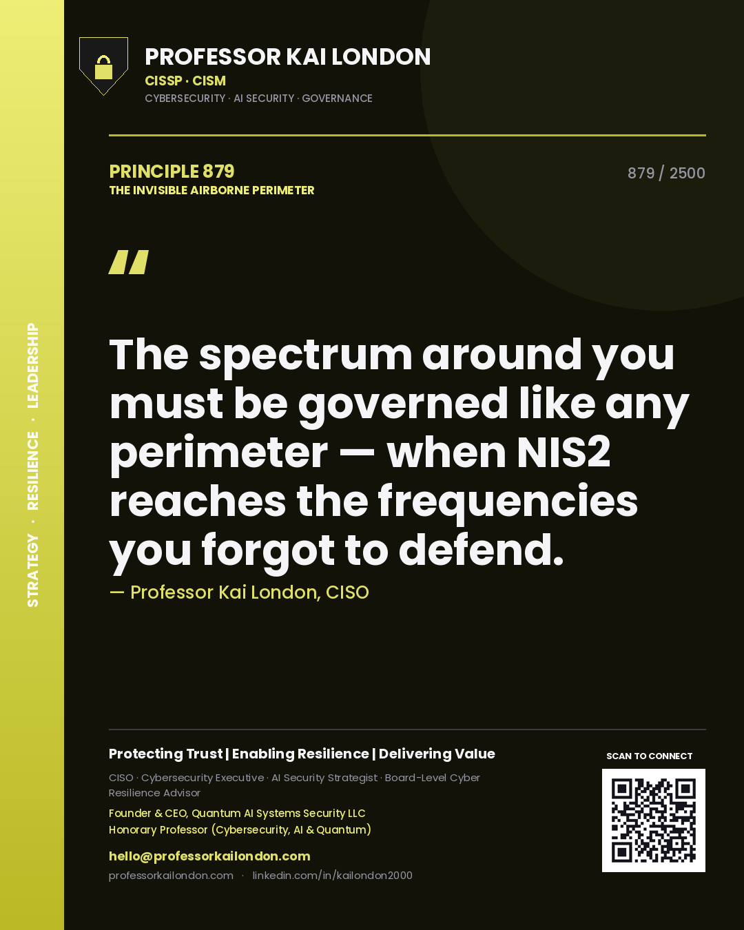 Quote card by Professor Kai London reading 'The spectrum around you must be governed like any perimeter — when NIS2 reaches the frequencies you forgot to defend.'. From the book The Invisible Airborne Perimeter.