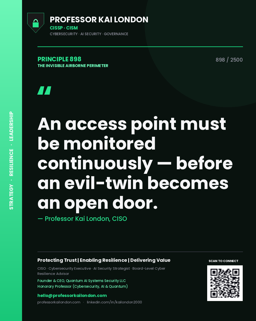 Quote card by Professor Kai London reading 'An access point must be monitored continuously — before an evil-twin becomes an open door.'. From the book The Invisible Airborne Perimeter.
