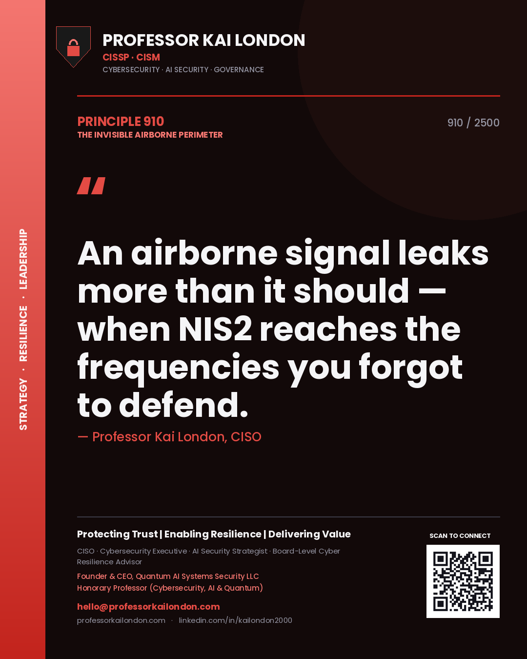 Professor Kai London principle 910: An airborne signal leaks more than it should — when NIS2 reaches the frequencies you forgot to defend.