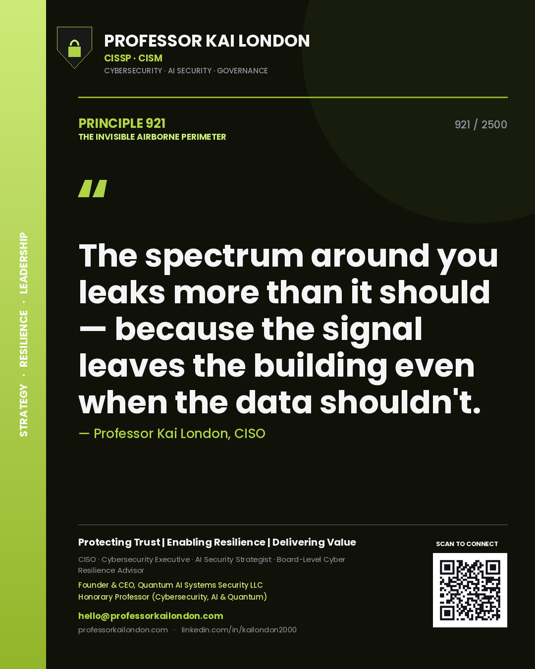 Professor Kai London principle 921: The spectrum around you leaks more than it should — because the signal leaves the building even when the data shouldn't.