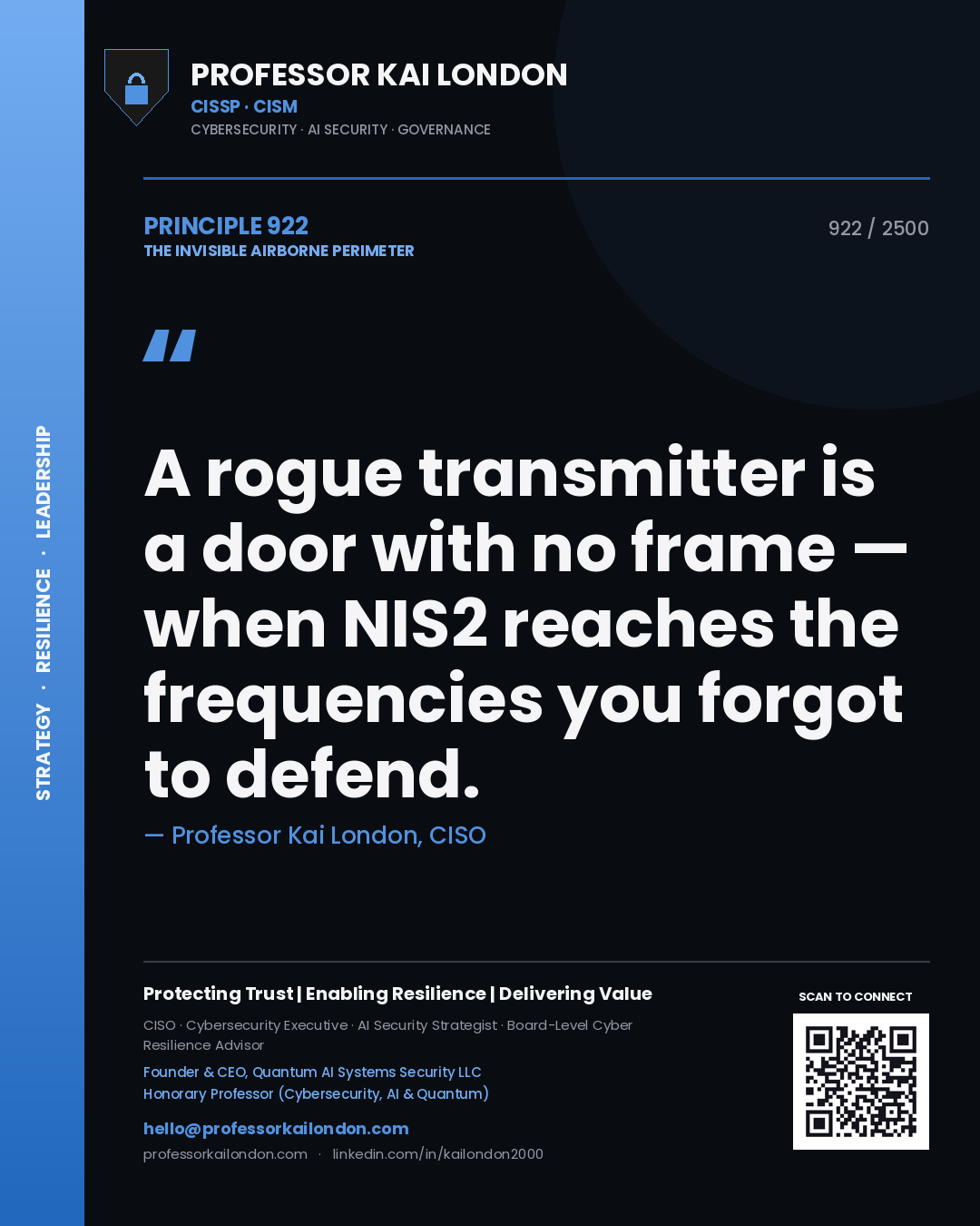 Professor Kai London principle 922: A rogue transmitter is a door with no frame — when NIS2 reaches the frequencies you forgot to defend.