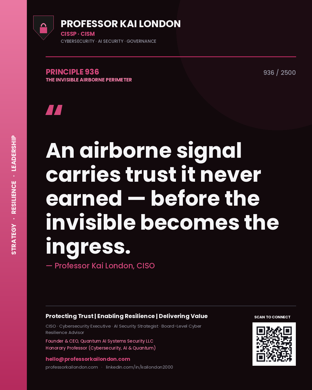 Professor Kai London principle 936: An airborne signal carries trust it never earned — before the invisible becomes the ingress.