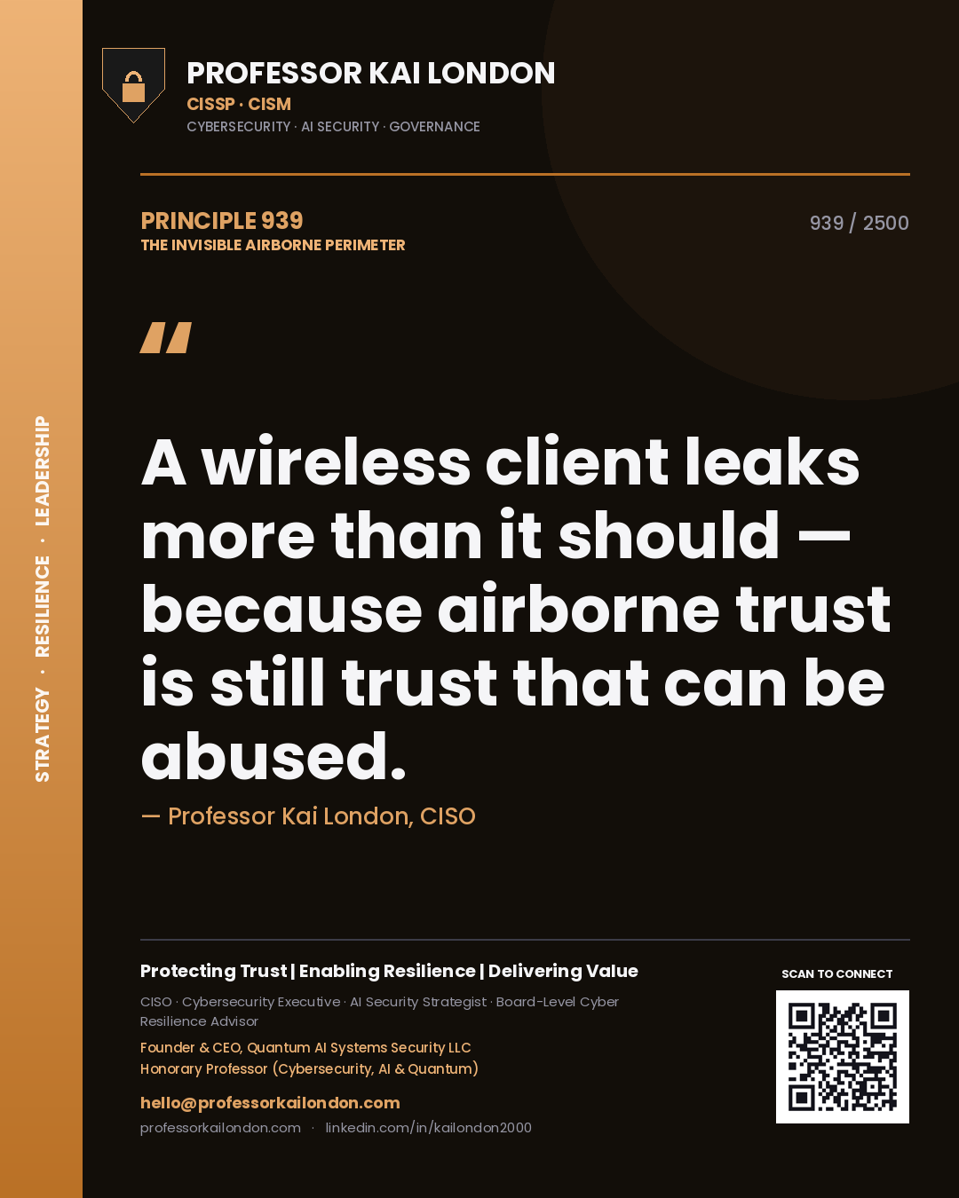 Quote card by Professor Kai London reading 'A wireless client leaks more than it should — because airborne trust is still trust that can be abused.'. From the book The Invisible Airborne Perimeter.