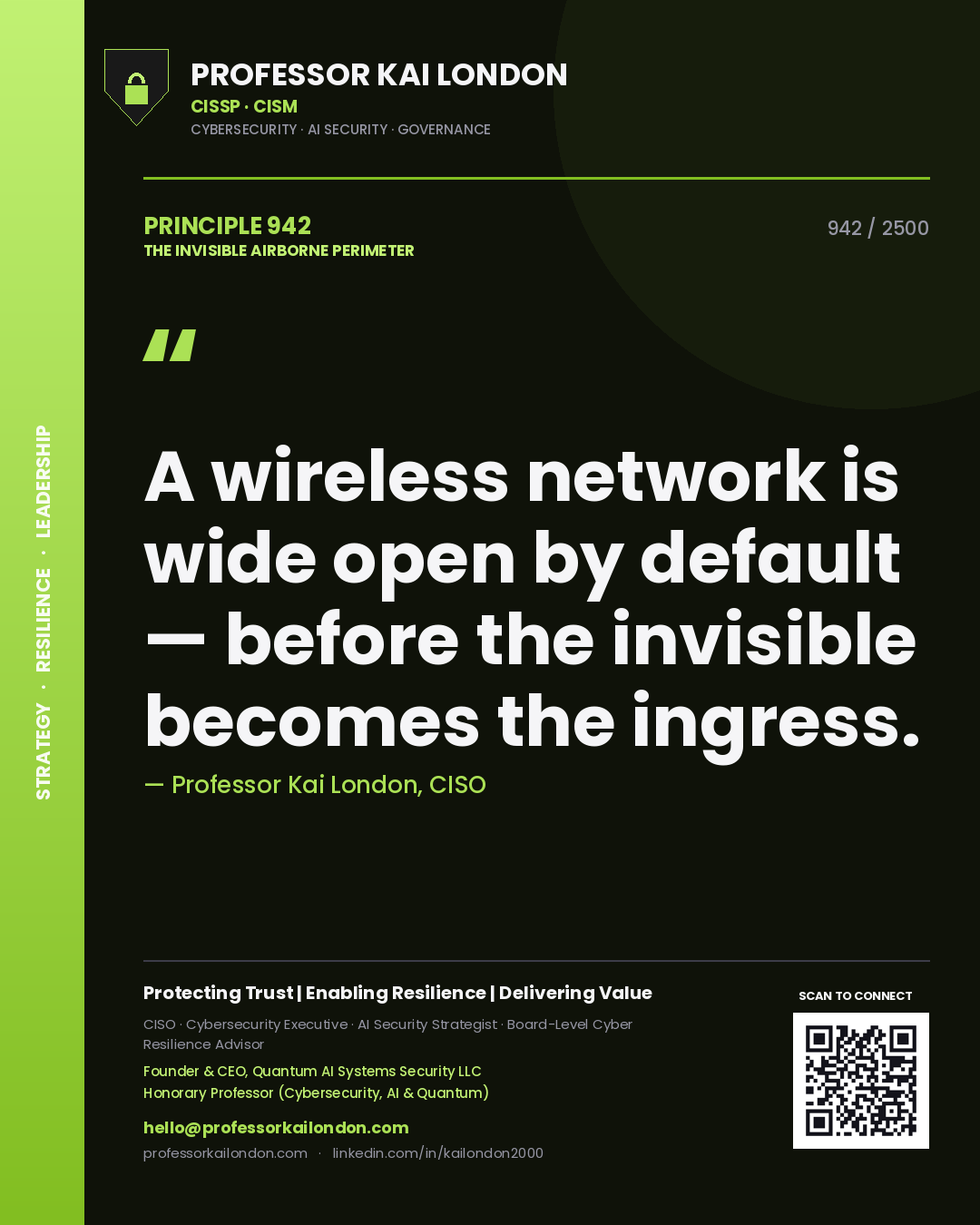 Professor Kai London principle 942: A wireless network is wide open by default — before the invisible becomes the ingress.