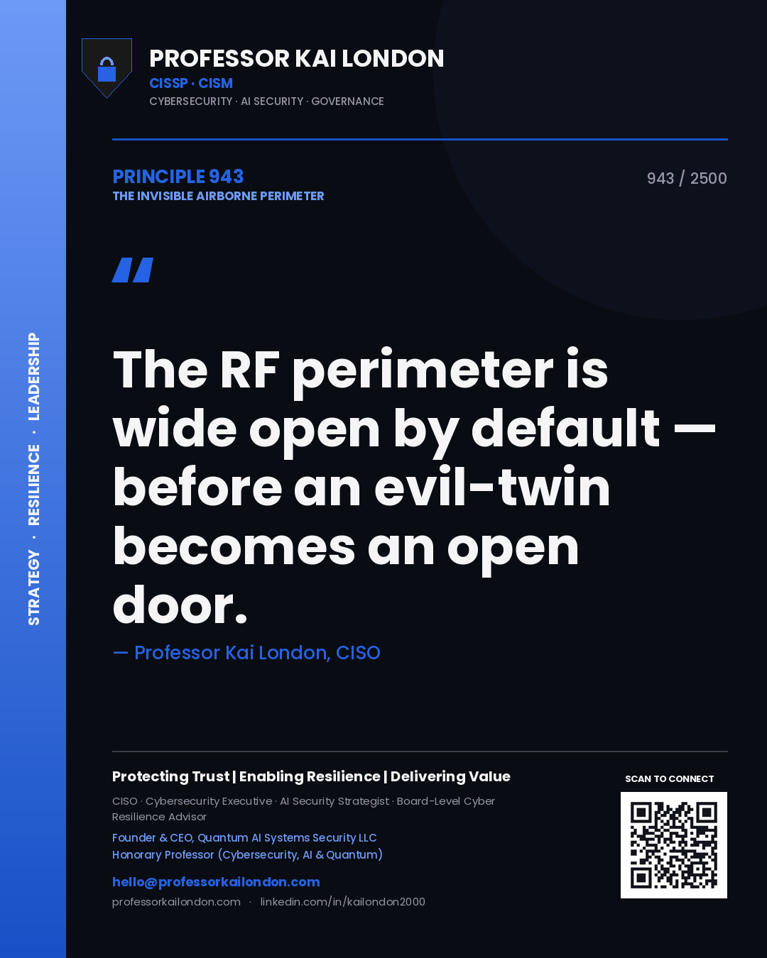 Professor Kai London principle 943: The RF perimeter is wide open by default — before an evil-twin becomes an open door.