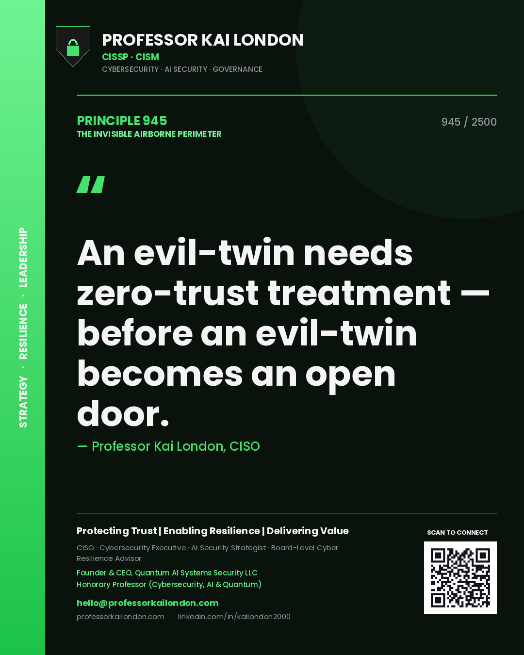 Quote card by Professor Kai London reading 'An evil-twin needs zero-trust treatment — before an evil-twin becomes an open door.'. From the book The Invisible Airborne Perimeter.