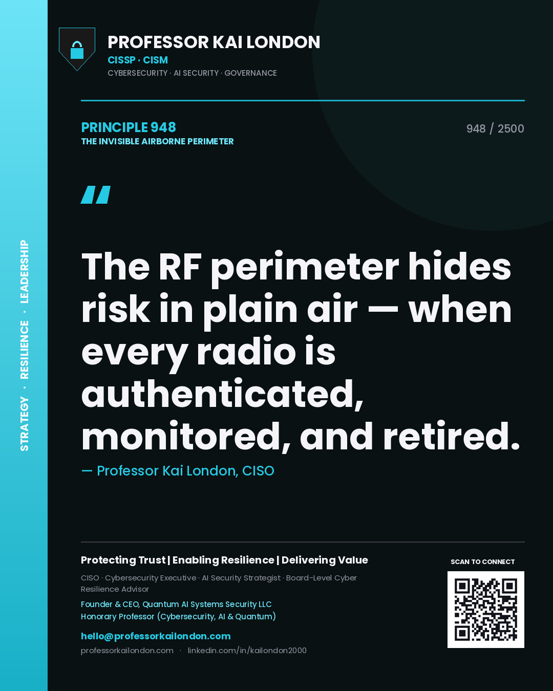 Quote card by Professor Kai London reading 'The RF perimeter hides risk in plain air — when every radio is authenticated, monitored, and retired.'. From the book The Invisible Airborne Perimeter.