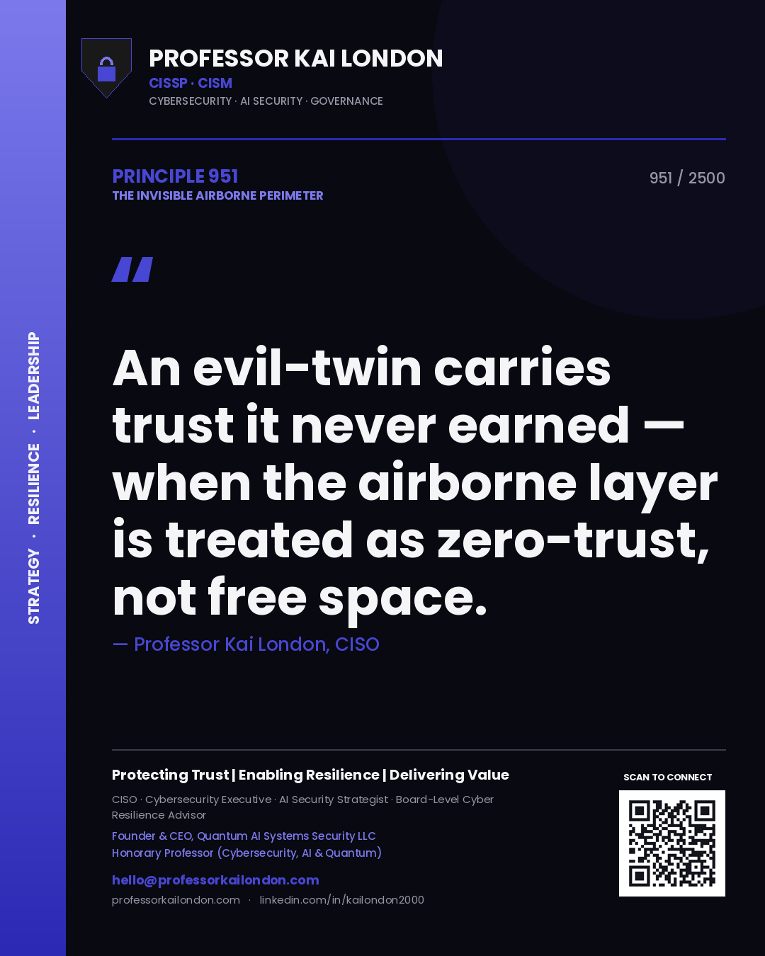 Professor Kai London principle 951: An evil-twin carries trust it never earned — when the airborne layer is treated as zero-trust, not free space.