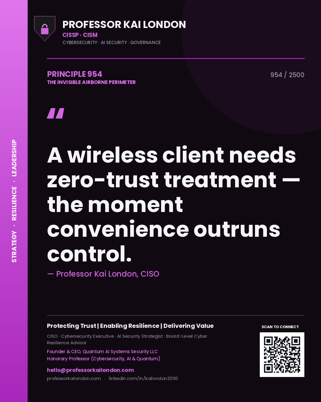 Quote card by Professor Kai London reading 'A wireless client needs zero-trust treatment — the moment convenience outruns control.'. From the book The Invisible Airborne Perimeter.