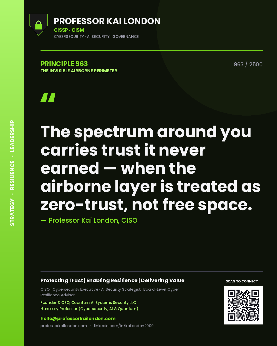 Professor Kai London principle 963: The spectrum around you carries trust it never earned — when the airborne layer is treated as zero-trust, not free space.
