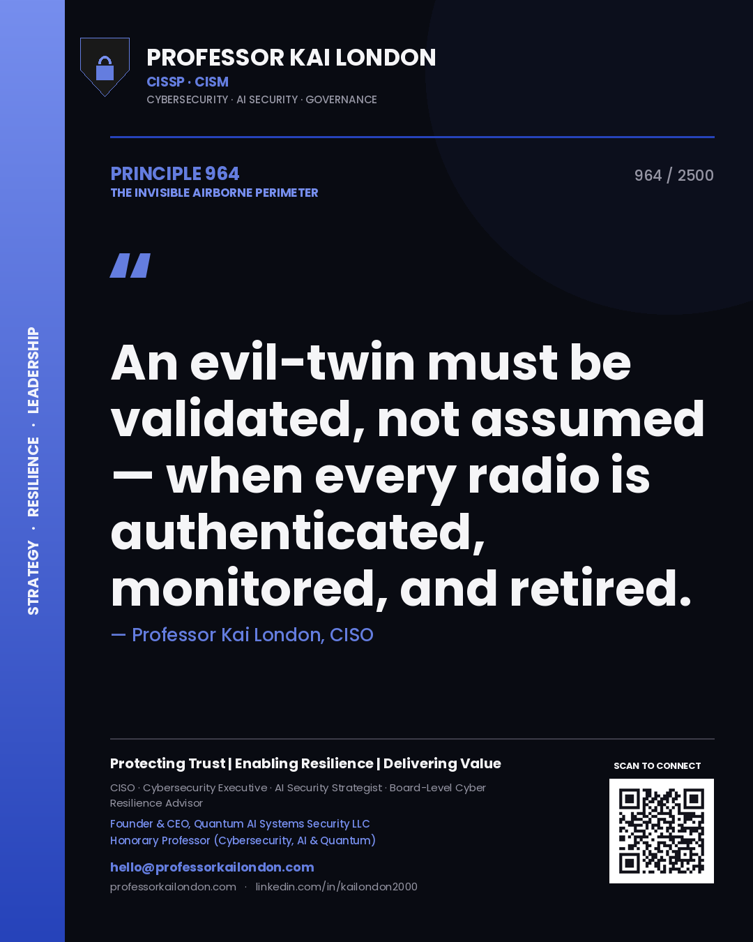 Quote card by Professor Kai London reading 'An evil-twin must be validated, not assumed — when every radio is authenticated, monitored, and retired.'. From the book The Invisible Airborne Perimeter.