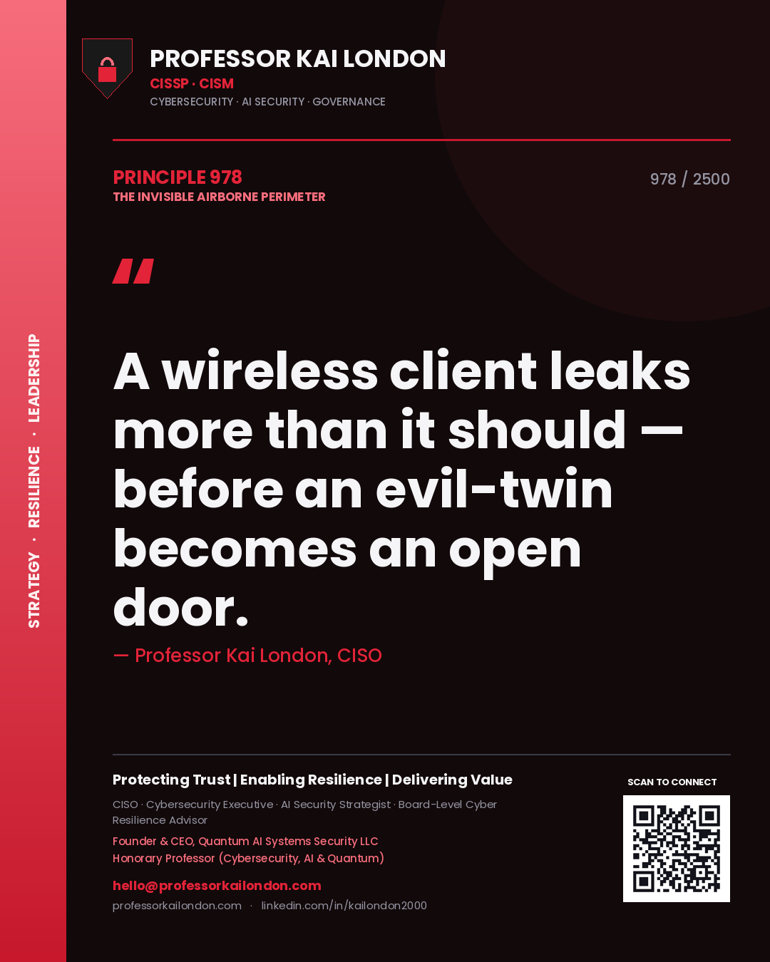 Quote card by Professor Kai London reading 'A wireless client leaks more than it should — before an evil-twin becomes an open door.'. From the book The Invisible Airborne Perimeter.