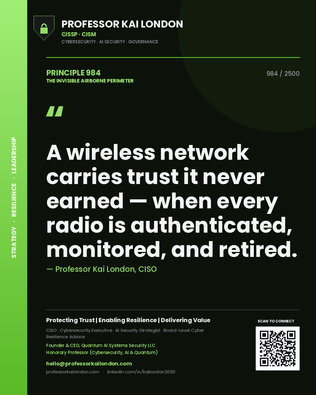 Quote card by Professor Kai London reading 'A wireless network carries trust it never earned — when every radio is authenticated, monitored, and retired.'. From the book The Invisible Airborne Perimeter.