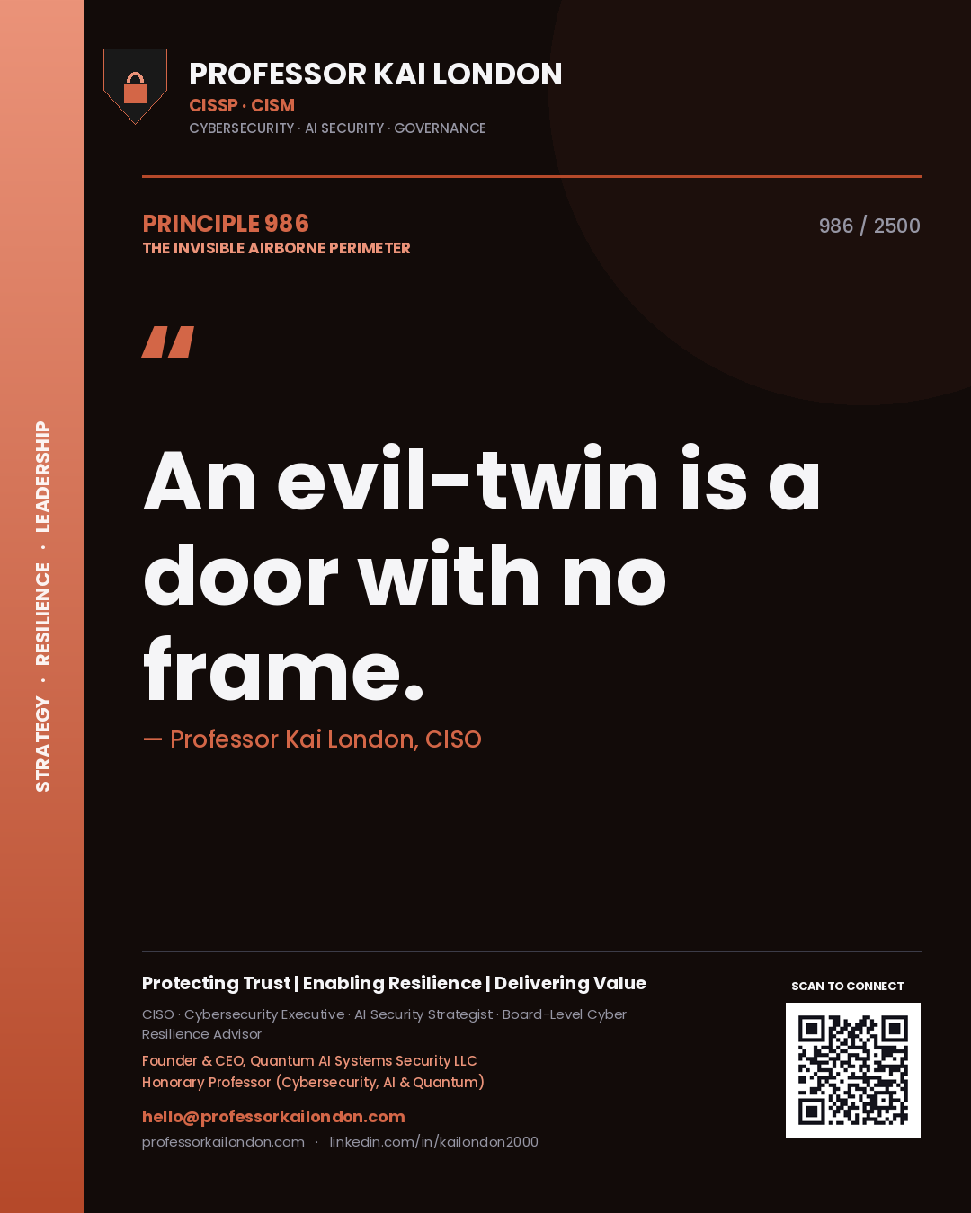 Quote card by Professor Kai London reading 'An evil-twin is a door with no frame.'. From the book The Invisible Airborne Perimeter.