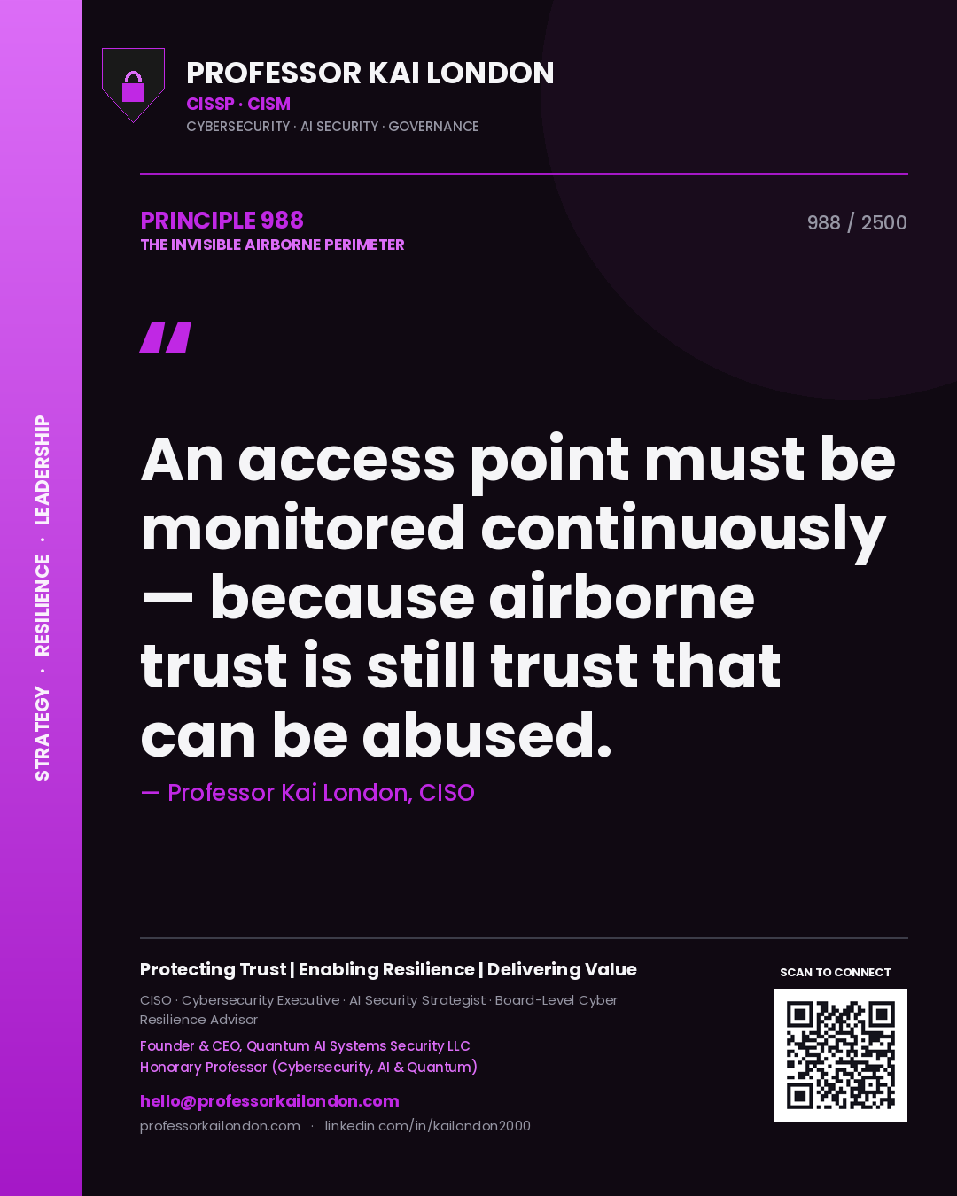 Professor Kai London principle 988: An access point must be monitored continuously — because airborne trust is still trust that can be abused.