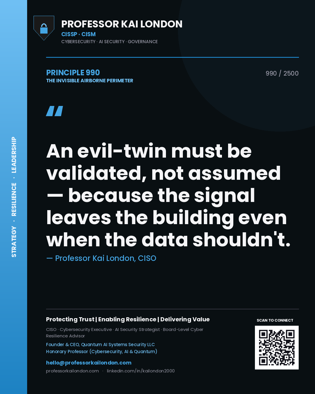 Quote card by Professor Kai London reading 'An evil-twin must be validated, not assumed — because the signal leaves the building even when the data shouldn't.'. From the book The Invisible Airborne Perimeter.