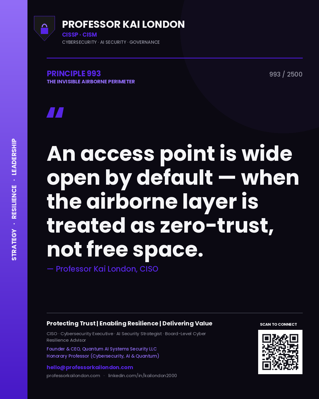 Quote card by Professor Kai London reading 'An access point is wide open by default — when the airborne layer is treated as zero-trust, not free space.'. From the book The Invisible Airborne Perimeter.