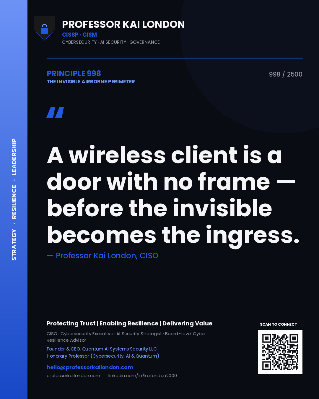 Professor Kai London principle 998: A wireless client is a door with no frame — before the invisible becomes the ingress.