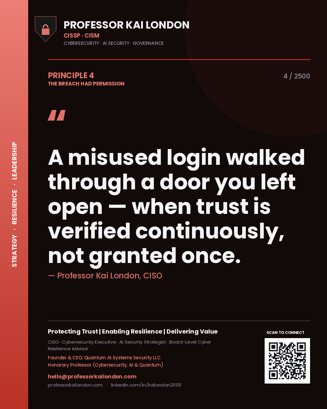 Professor Kai London principle 4: A misused login walked through a door you left open — when trust is verified continuously, not granted once.