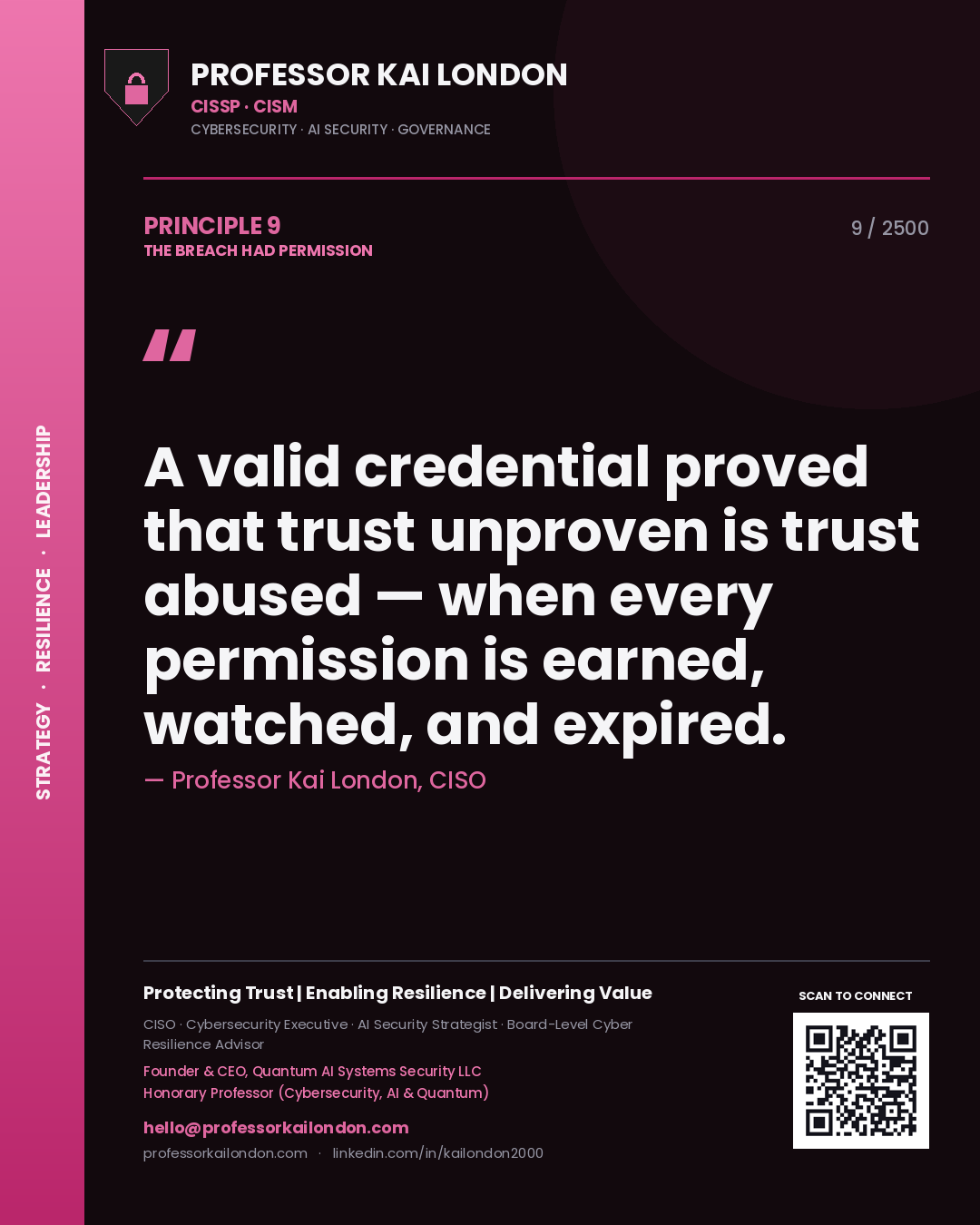 Professor Kai London principle 9: A valid credential proved that trust unproven is trust abused — when every permission is earned, watched, and expired.