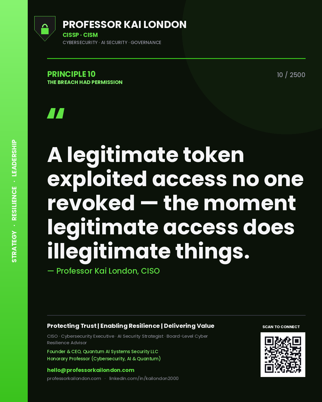 Quote card by Professor Kai London reading 'A legitimate token exploited access no one revoked — the moment legitimate access does illegitimate things.'. From the book The Breach Had Permission.