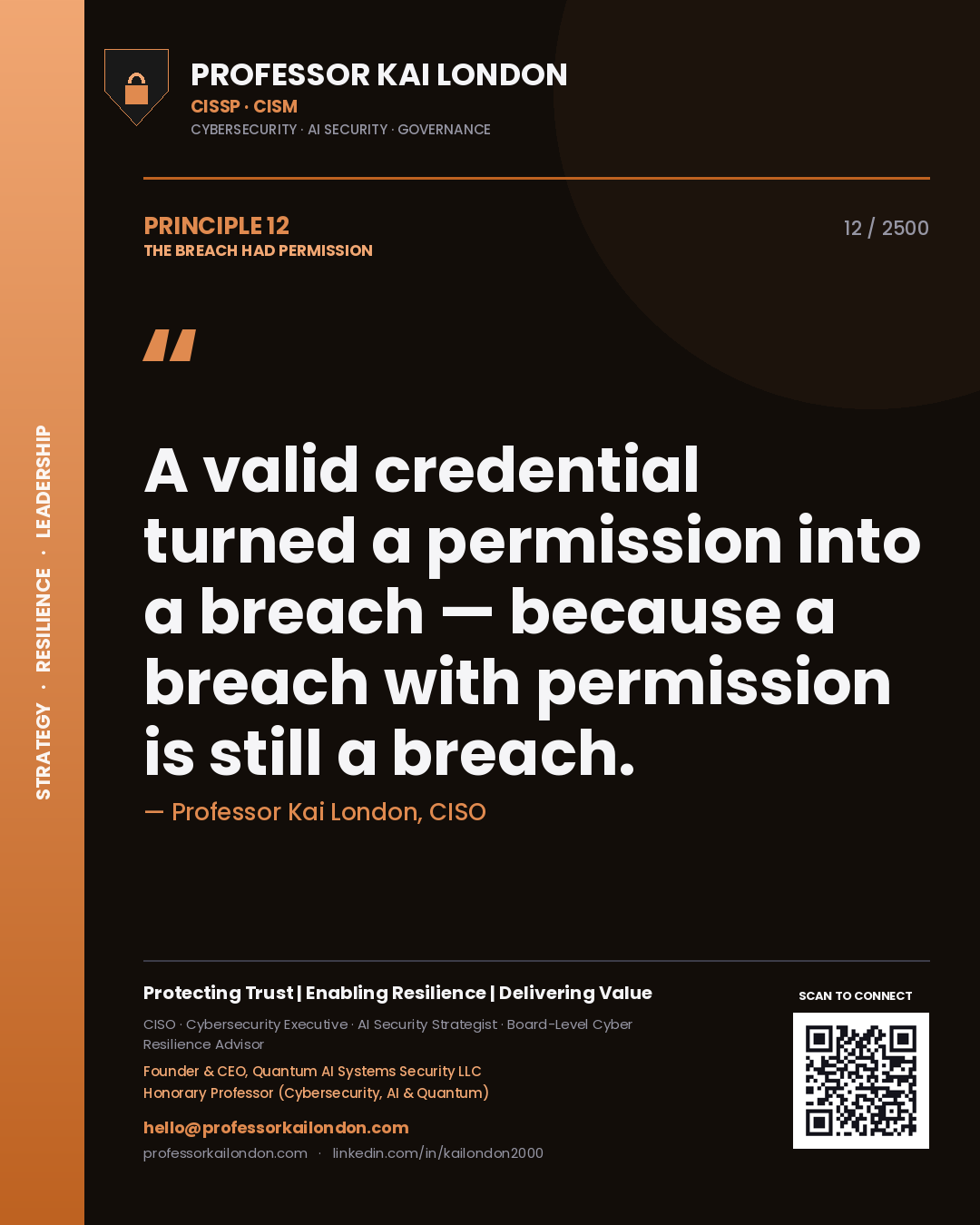 Quote card by Professor Kai London reading 'A valid credential turned a permission into a breach — because a breach with permission is still a breach.'. From the book The Breach Had Permission.