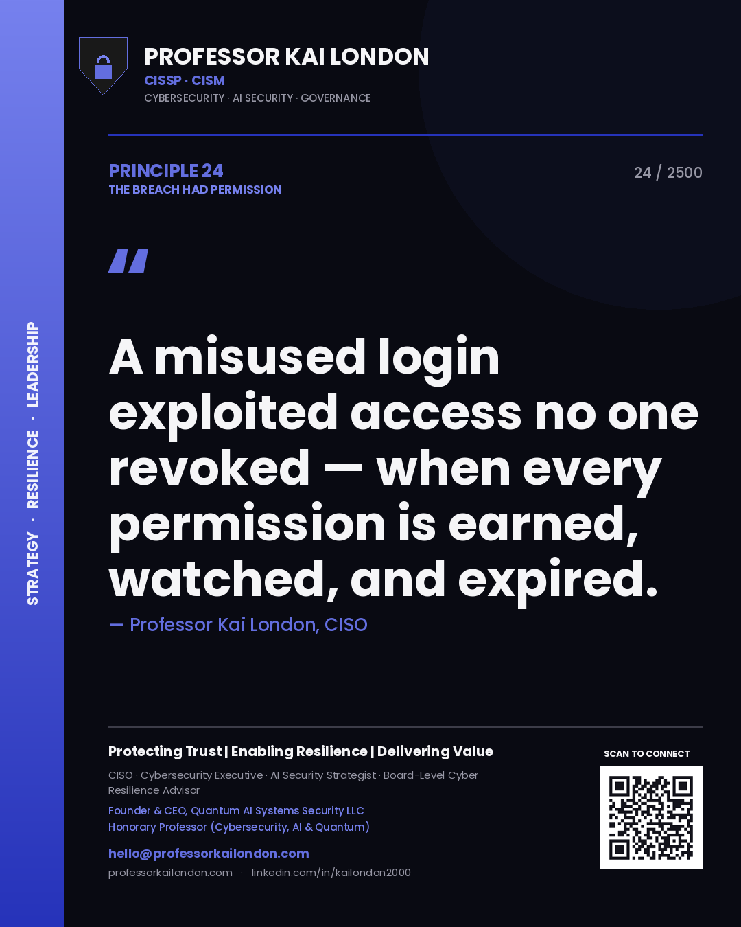 Quote card by Professor Kai London reading 'A misused login exploited access no one revoked — when every permission is earned, watched, and expired.'. From the book The Breach Had Permission.