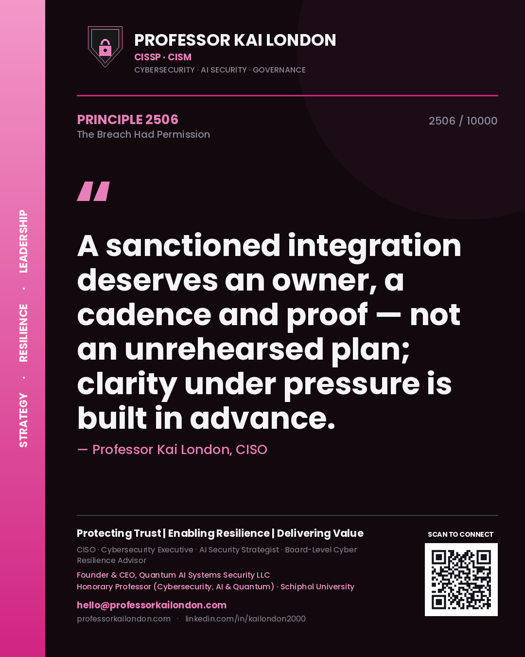 Professor Kai London principle 2506: A sanctioned integration deserves an owner, a cadence and proof — not an unrehearsed plan; clarity under pressure is built in advance.